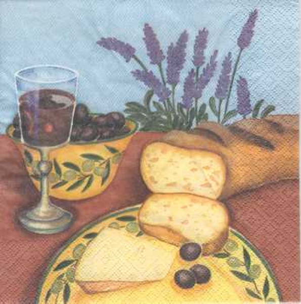 Serviette Stilleben, Wein, Oliven, Käse, Brot, Lavendel, Rarität